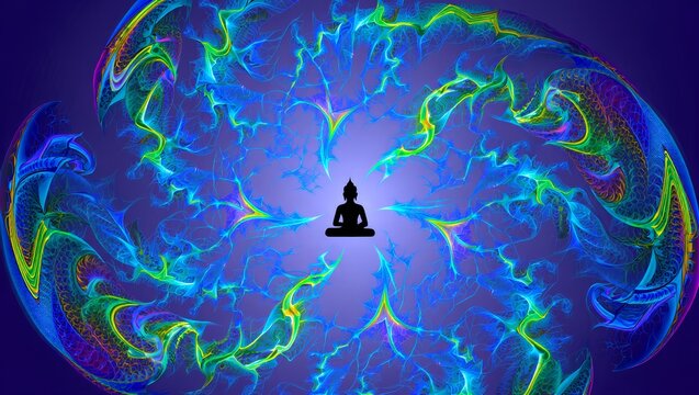 Buddha Silhouette Meditating Amidst Fractal Energy