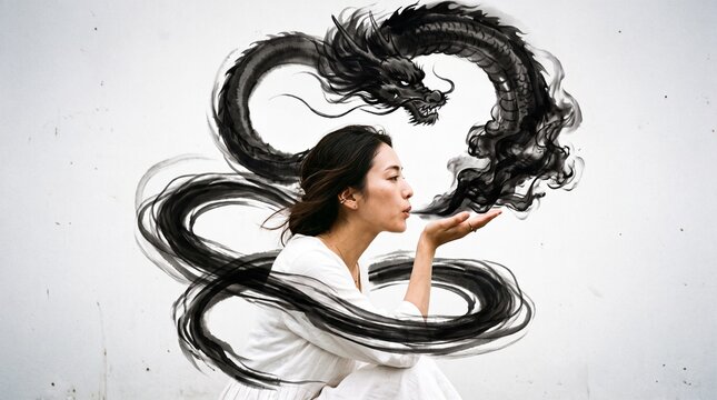 woman blowing black ink smoke forming dragon shape around her in artistic surreal scene