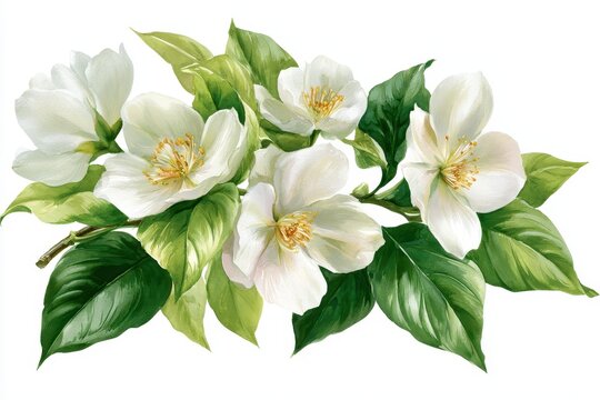 A delicate branch of blooming white jasmine flowers with lush green leaves, rendered in a detailed botanical illustration style, isolated on white background