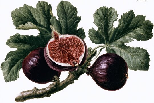 Vintage botanical illustration of a fig branch with whole and halved purple figs and large green leaves isolated on white background