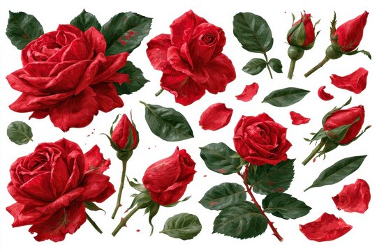 Set of beautiful red roses, buds, leaves, and petals, detailed botanical illustration elements for floral design, isolated on white background