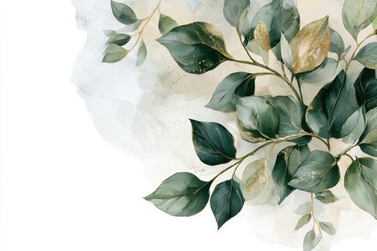 Elegant watercolor branch with dark green leaves and gold foil accents on a soft abstract wash background