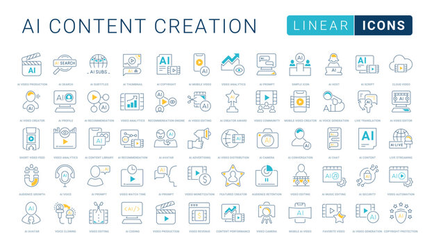 Flat line vector icon set for AI content creation, video production and generative AI for mobile apps and web interfaces. Editable strokes.