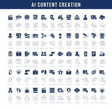 Filled vector icon set for AI content creation, video production and generative AI for mobile apps and web interfaces.