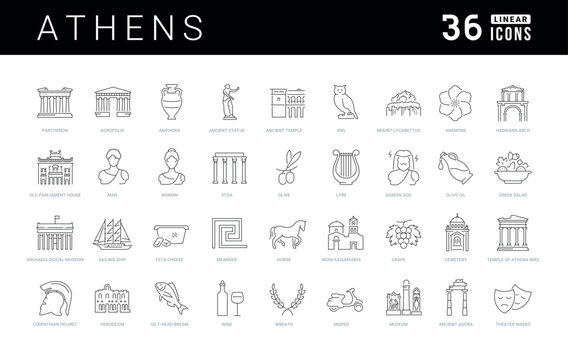 Vector line icon set for Athens, Greece and Greek culture for mobile apps and web interfaces. Editable strokes.