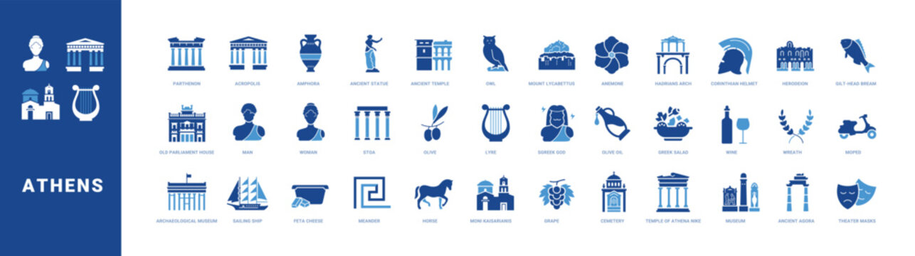 Colored filled vector icon set for Athens, Greece and Greek culture for mobile apps and web interfaces.