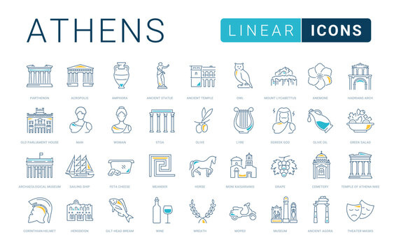 Flat line vector icon set for Athens, Greece and Greek culture with color accents for mobile apps and web interfaces. Editable strokes.