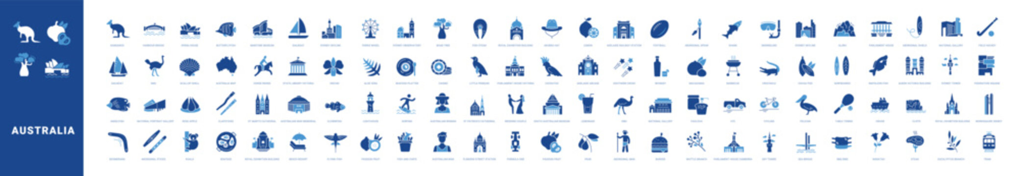 Colored filled vector icon set for Australia, Oceania and Australian culture for mobile apps and web interfaces.