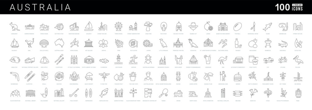 Vector line icon set for Australia, Oceania and Australian culture for mobile apps and web interfaces. Editable strokes.