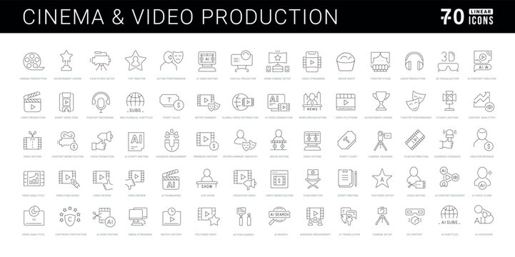 Vector line icon set for cinema and video production, movie making and cinematography for mobile apps and web interfaces. Editable strokes.