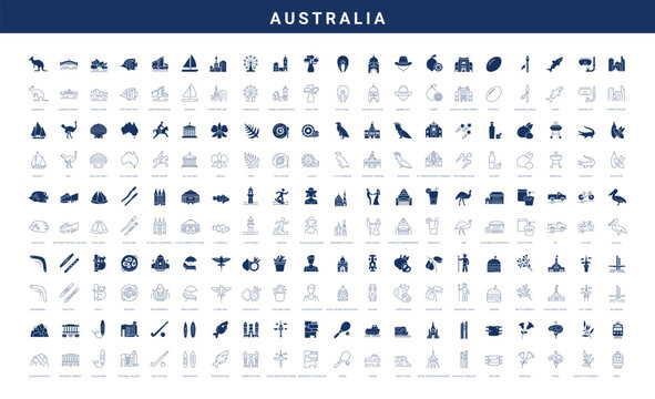 Mixed line and filled vector icon set for Australia, Oceania and Australian culture for mobile apps and web interfaces. Editable strokes.