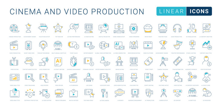 Flat line vector icon set for AI content creation, video production and generative AI for mobile apps and web interfaces. Editable strokes.