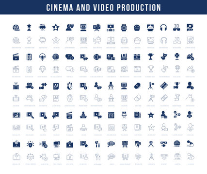 Filled vector icon set for AI content creation, video production and generative AI for mobile apps and web interfaces.