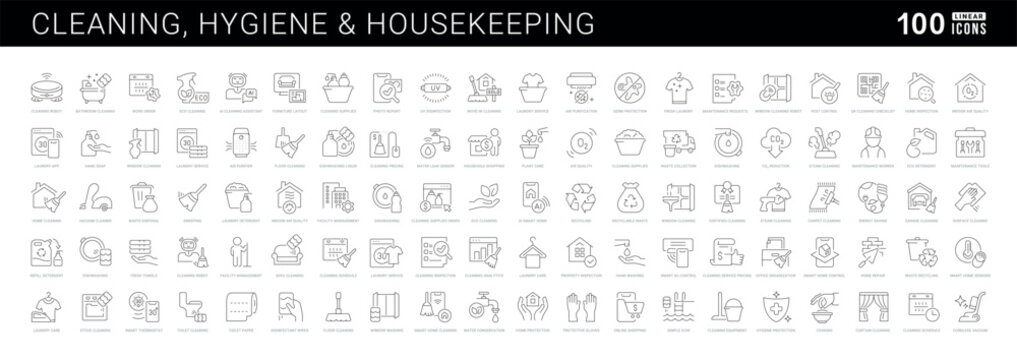 Vector line icon set for cleaning service, hygiene and housekeeping for mobile apps and web interfaces. Editable strokes.