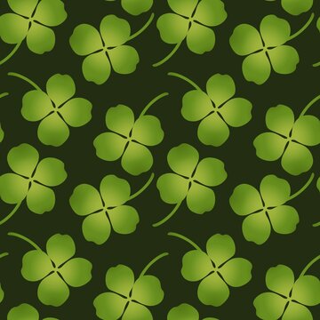 Four Leaf Clover Seamless Pattern, St Patricks Day Lucky Shamrock Foliage on Dark Background