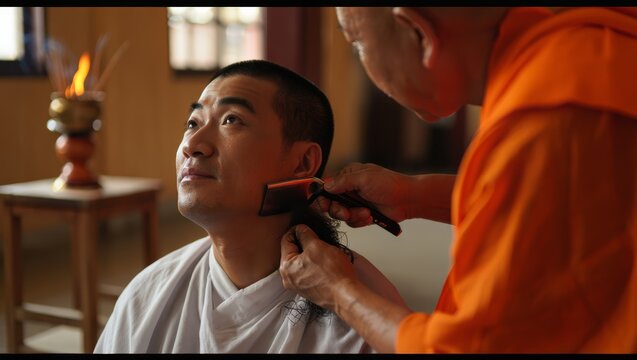Monk Shaves Head with Razor