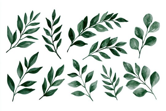 Collection of various green watercolor leaves and branches isolated on white background