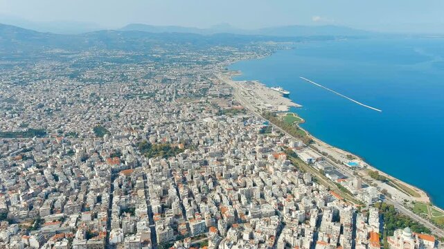 Patras, Greece. Central part of the city in summer. Sunny day. Drone footage