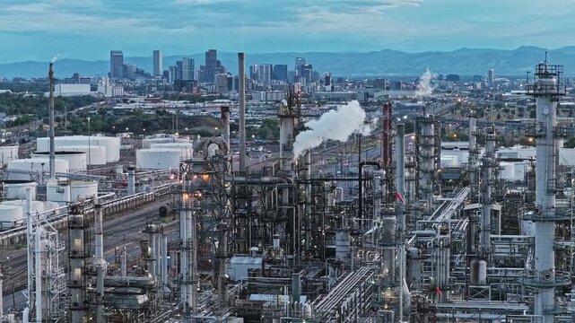 View of oil refinery with Denver skyline in the distance dusk blue hour with lights on drone video Denver Colorado 4K