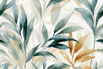 Obraz premium Watercolor seamless pattern with green and golden leaves, artistic botanical illustration of tropical foliage in soft earth tones on a textured white background