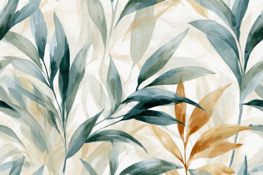 Watercolor seamless pattern with green and golden leaves, artistic botanical illustration of tropical foliage in soft earth tones on a textured white background