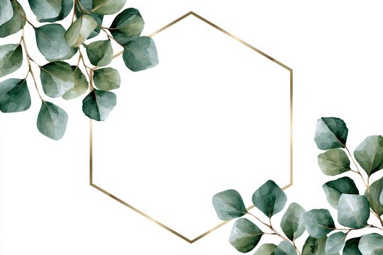 Watercolor eucalyptus leaves frame with a geometric gold hexagon border isolated on white background