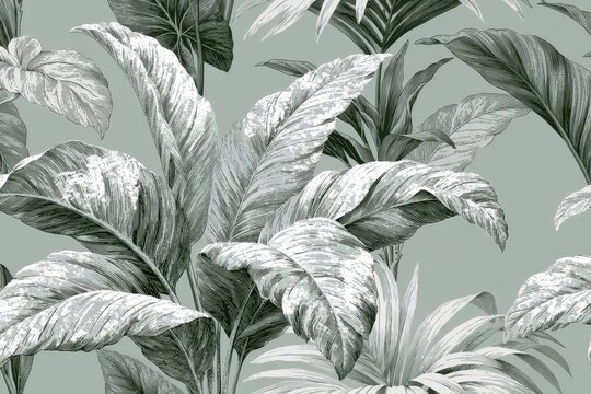 Seamless pattern with tropical banana leaves in vintage engraving style on sage green background, botanical wallpaper design