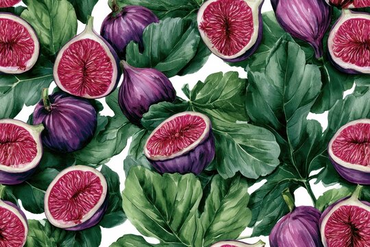 Seamless pattern with fresh figs and green leaves, watercolor illustration of tropical fruit, botanical print for fabric, wallpaper, and wrapping paper