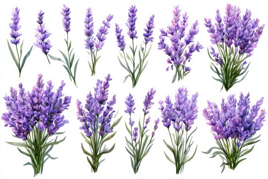 Set of watercolor lavender flowers isolated on white background, collection of purple floral elements for wedding invitations and greeting cards