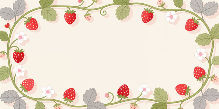 Vines with strawberries, leaves, and flowers framing a central space with soft pink shadows on a pale beige background.