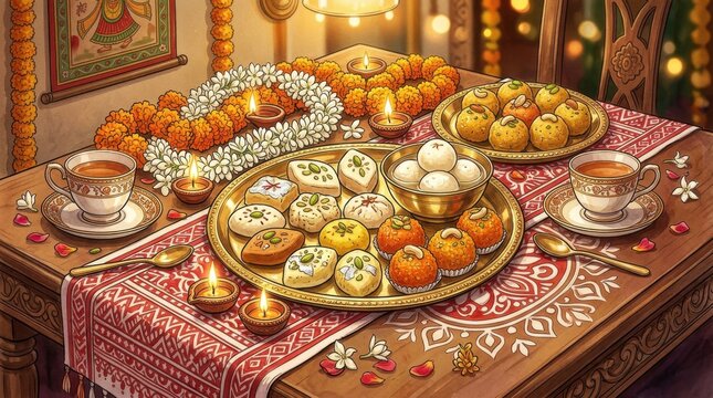 Festive table set with traditional Bengali sweets tea and marigold floral garlands