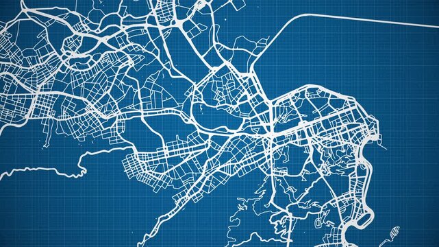 Ink reveal animation of Rio de Janeiro city, Rio de Janeiro, Brasil (Brazil) grid map. Aerial top view. Blueprint style. White lines with blue background. 4K Seamless loop.