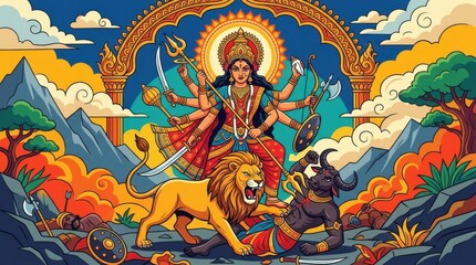 Fototapeta premium Goddess Durga defeating demon while holding divine weapons in epic battle scene