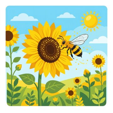 A bee flying over a bright yellow sunflower in a sunny meadow during a clear blue summer day scene b