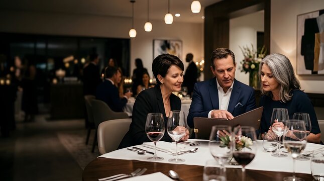 Business professionals collaborating over documents in an upscale restaurant