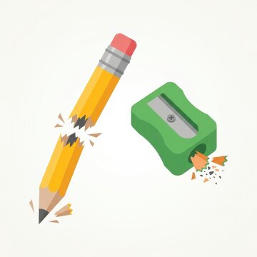 A broken yellow wooden pencil with an eraser and a green plastic sharpener with graphite wood shavin