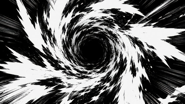 Dynamic manga vortex swirl with rough brush ink texture. Abstract black and white spiral energy effect for anime action scenes, comic transitions, motion graphics, power attacks, backgrounds.