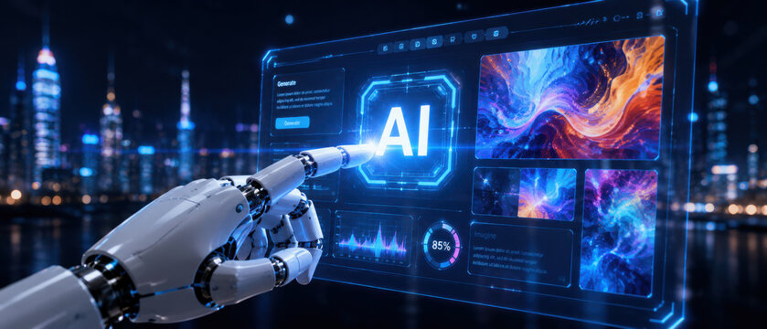 AI generates dynamic art through an interactive platform, displaying AI-generated images in a smart gallery using generative engines and automated design tools. Artificial intelligence spline