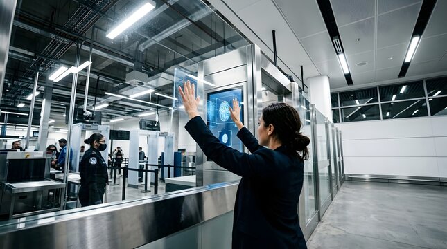 Businesswoman using biometric fingerprint scanner at security checkpoint