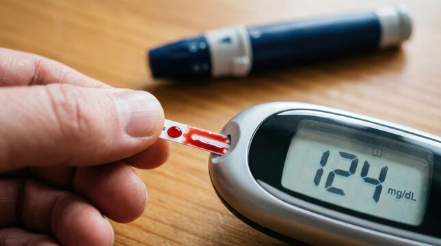 A close up of a person measuring their blood glucose level using a digital meter and a blood test st