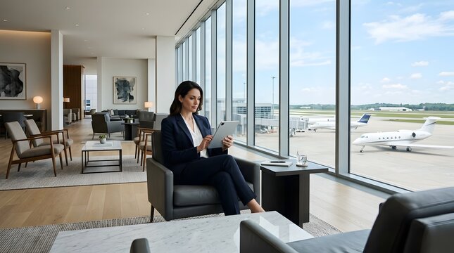 Businesswoman using tablet in modern private terminal airport lounge