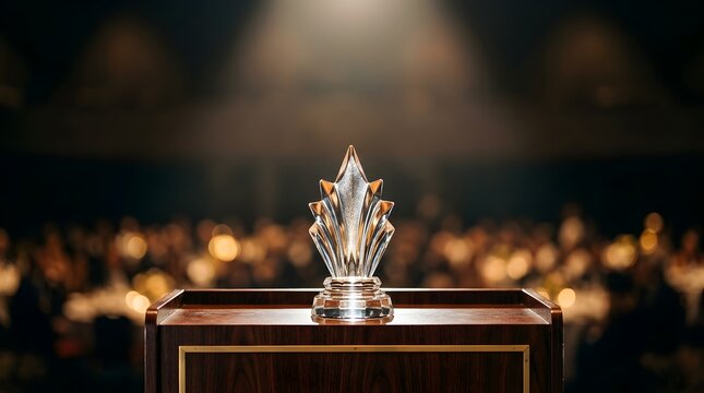 Crystal trophy award on wooden podium at event ceremony stage