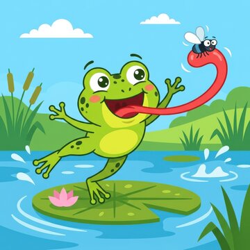 Green frog jumping from water with lily pads and motion lines on a blue background frog jumping gree