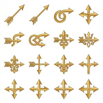Collection of ornate golden arrows and fleur-de-lis directional symbols on white background gold arr