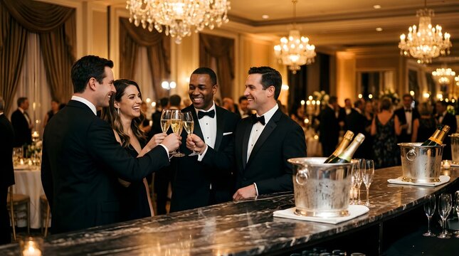 Diverse group of friends celebrating at a formal ballroom cocktail party