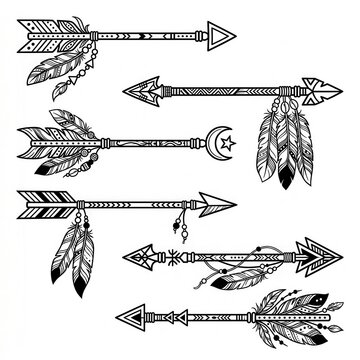 Set of decorative tribal style arrows with feathers and geometric patterns, black and white vector d