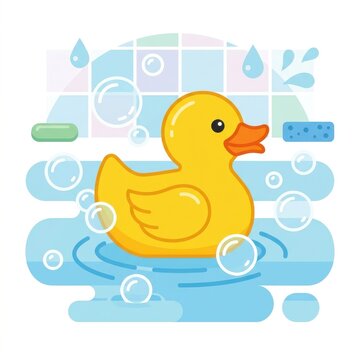 Cute yellow rubber duck floating in bath water with soap bubbles and a sponge in a tiled tub rubber
