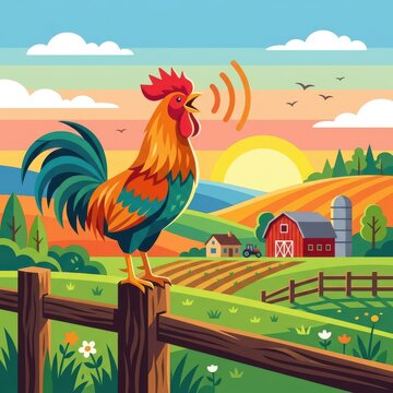Colorful rooster crowing on wooden fence at sunrise with red barn and farm fields in background roos
