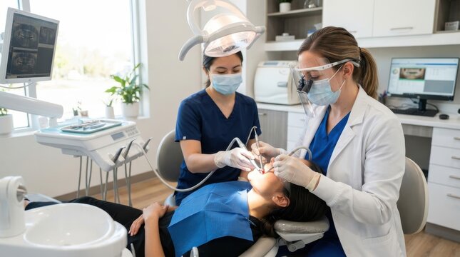 female dentist and dental assistant performing a routine checkup on a patient in a modern dental cli