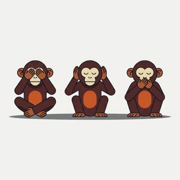 Three cartoon monkeys in see no evil, hear no evil, speak no evil poses on a white background monkey
